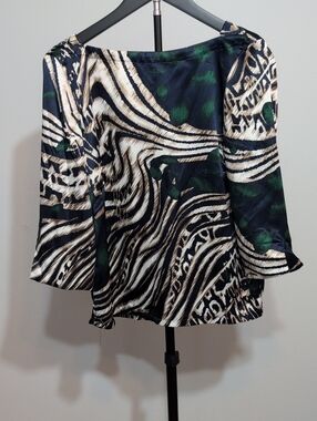 Printed Bell-Sleeve Blouse in Black, Cream & Green